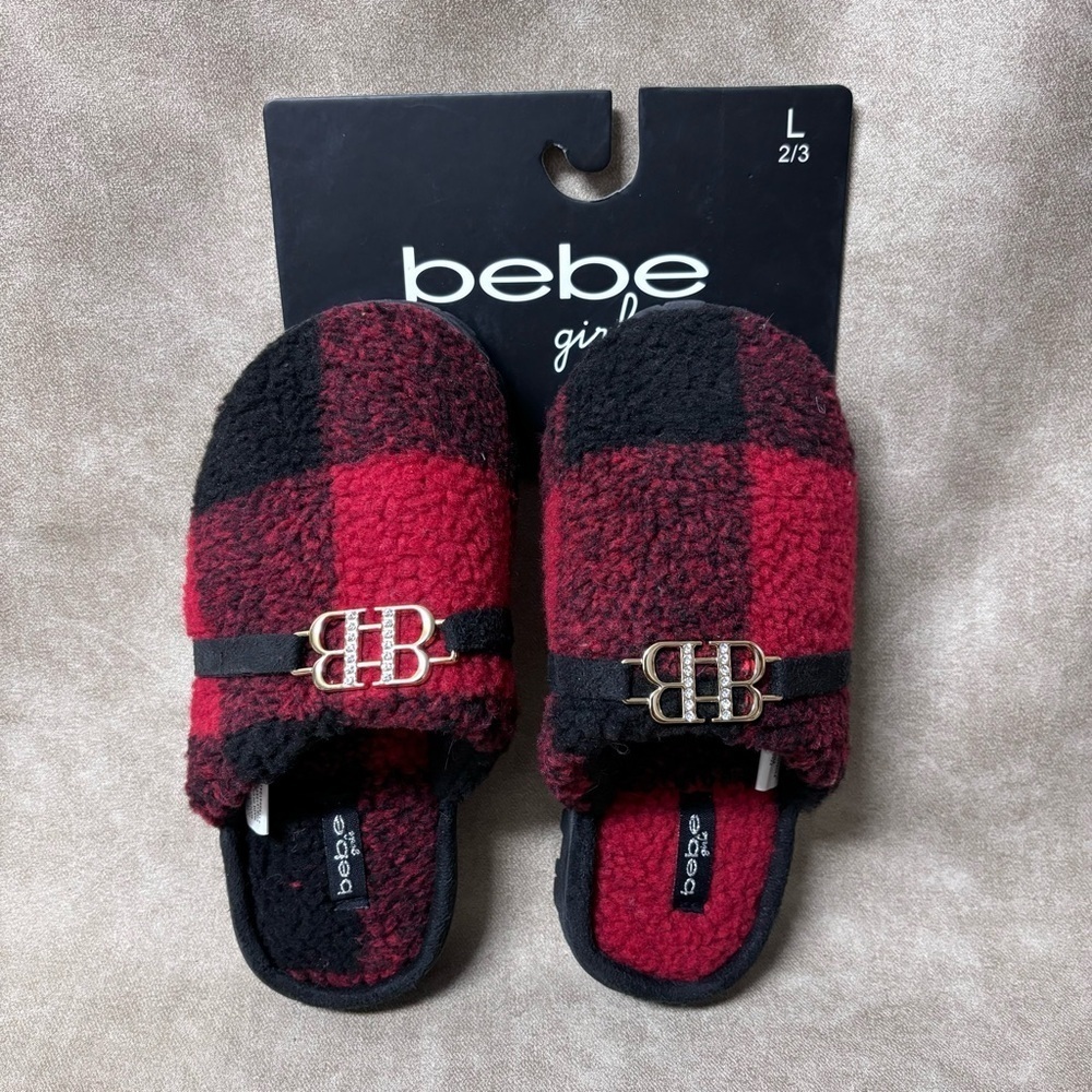 Bebe Plaid Girls Quilted Sherpa Slippers Red/Black Size Large 2/3
